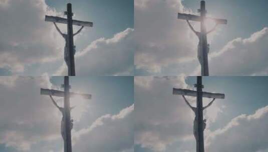 天空背景上太阳照亮的木制圣十字架，耶稣基高清在线视频素材下载