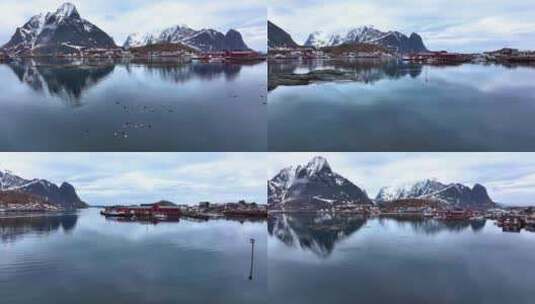 4K航拍罗弗敦群岛湖泊雪山自然景色高清在线视频素材下载