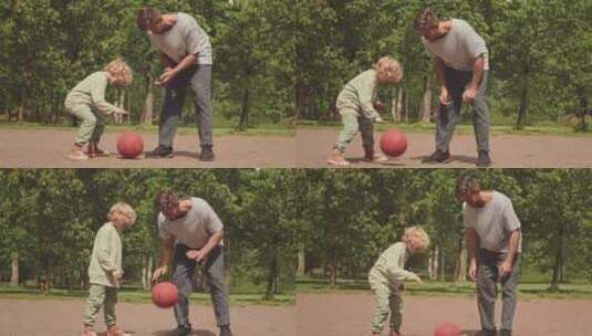 小男孩在户外弹跳篮球高清在线视频素材下载