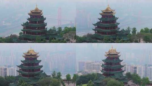 重庆鸿恩寺航拍鸿恩阁与嘉陵江两岸高楼大厦高清在线视频素材下载