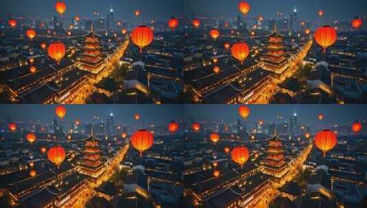 城市夜景中的古风建筑与灯笼高清在线视频素材下载