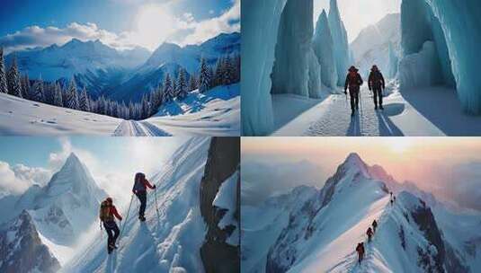 雪山徒步旅行者登山全景高清在线视频素材下载