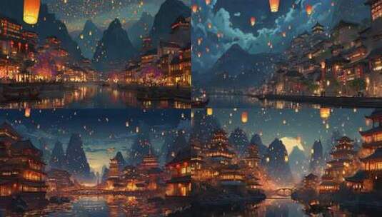 古风小镇夜景放孔明灯场景高清在线视频素材下载