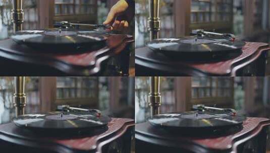 老式唱机播放黑胶唱片的特写高清在线视频素材下载