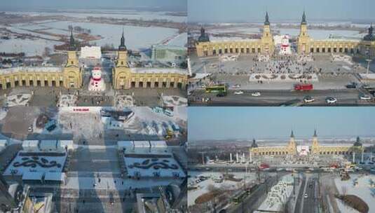4K哈尔滨音乐长廊雪人网红打卡城市风光航拍高清在线视频素材下载