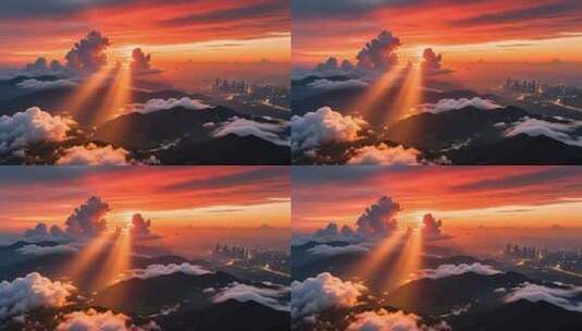 航拍落日晚霞延时 云 丁达尔效应4K高清在线视频素材下载