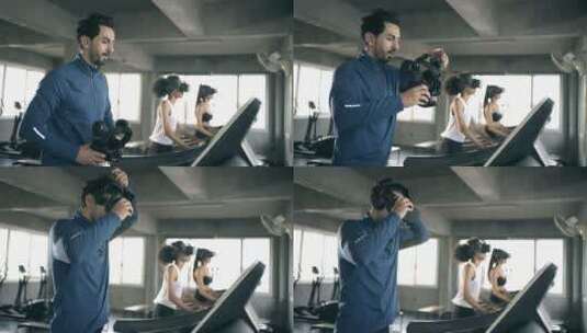 4K运动男女戴着虚拟现实眼镜在健身房的跑步机上慢跑锻炼高清在线视频素材下载