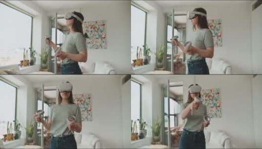 年轻女子使用护目镜和手柄控制享受虚拟现实体验高清在线视频素材下载