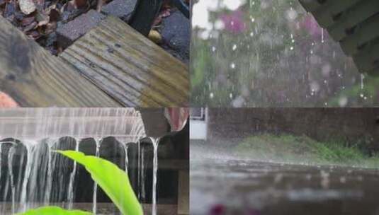 大雨屋檐雨水雨滴水花合集高清在线视频素材下载