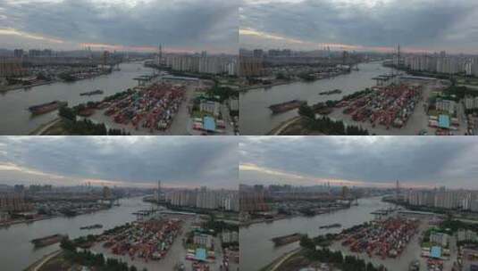 广东省佛山市南海国际货柜码头日出航拍高清在线视频素材下载