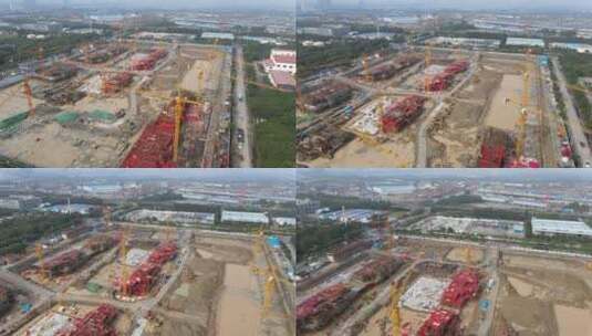上海建筑工地暴雨建筑工地积水4K航拍高清在线视频素材下载