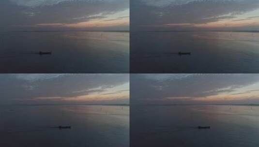 苏州阳澄湖航拍清晨湖面渔船高清在线视频素材下载