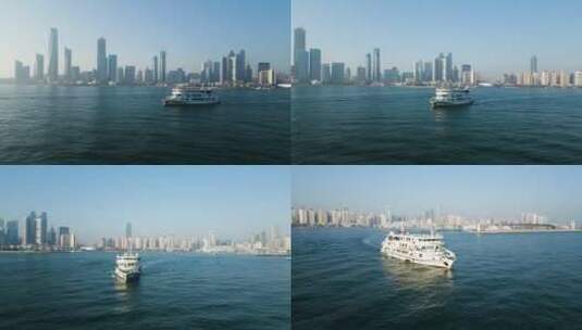 4K青岛海上轮船风光航拍高清在线视频素材下载