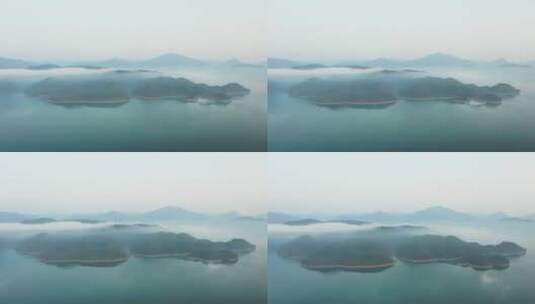 安徽黄山市太平湖景区晨曦云雾航拍高清在线视频素材下载