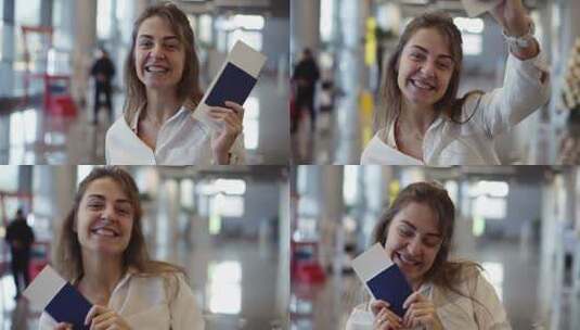 快乐美丽的美国女人的肖像展示护照和机票并挥舞它高清在线视频素材下载