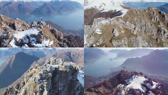 在意大利科莫欧洲阿尔卑斯山山顶徒步旅行者周围飞行高清在线视频素材下载