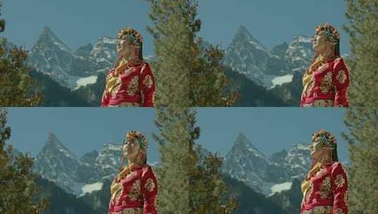 藏族姑娘高山上遥望远方高清在线视频素材下载