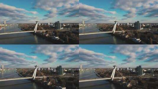 布拉迪斯拉发美丽的现代桥梁建筑中大多数SNP的无人机视图高清在线视频素材下载
