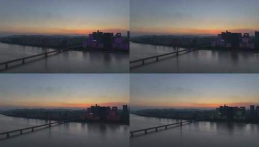 航拍杭州西兴大桥 日落 晚霞高清在线视频素材下载