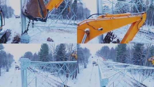 冰天雪地建筑施工工程设计挖掘机塔吊车电焊高清在线视频素材下载