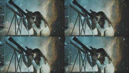 投影下小女孩用望远镜观看星空高清在线视频素材下载