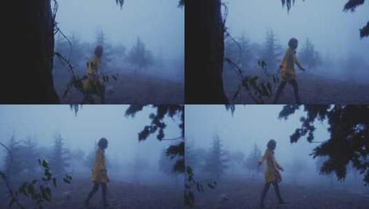 女孩在雾气弥漫的大树下奔跑高清在线视频素材下载