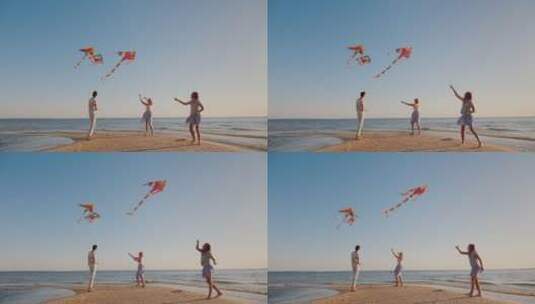 家人在沙滩上放风筝高清在线视频素材下载