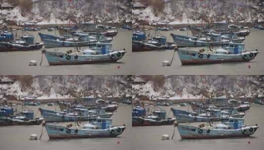 落雪之后威海湾里的渔船高清在线视频素材下载
