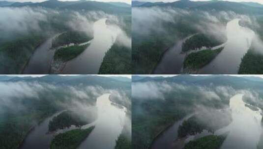 航拍大兴安岭黎明山川河流云雾高清在线视频素材下载
