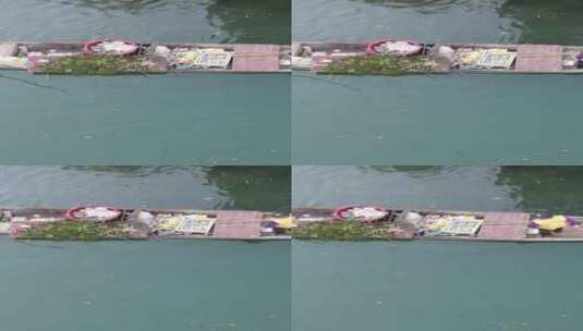 航拍环卫工人河中清理垃圾高清在线视频素材下载