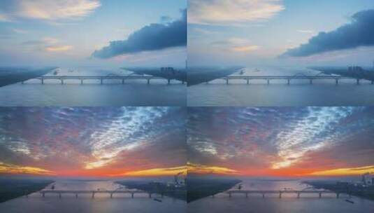 九江长江大桥黎明及朝霞航拍高清在线视频素材下载
