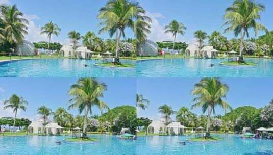 海南三亚高端园林酒店椰子树泳池大海高清在线视频素材下载