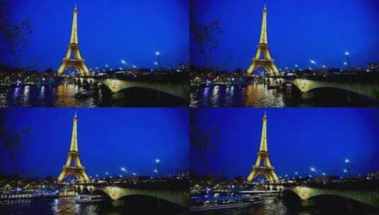 法国 埃菲尔铁塔 塞纳河 夜景 亮灯高清在线视频素材下载