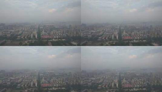 山东淄博清晨城市迷雾日出彩霞航拍高清在线视频素材下载