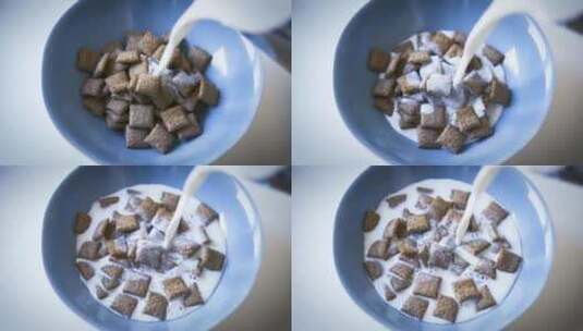 在即食谷物营养餐倒入牛奶高清在线视频素材下载