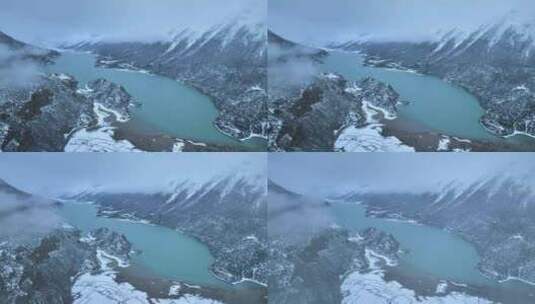 西藏然乌湖和雪山森林湖泊的雪景航拍风光高清在线视频素材下载
