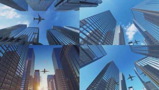 飞机飞过金融中心 梦想起航高清在线视频素材下载
