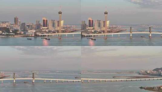 澳门西湾大桥清晨航拍高清在线视频素材下载