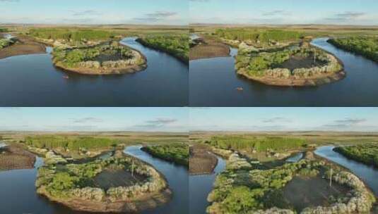 海拉尔河湿地自然风景蓝色河湾水面小船高清在线视频素材下载