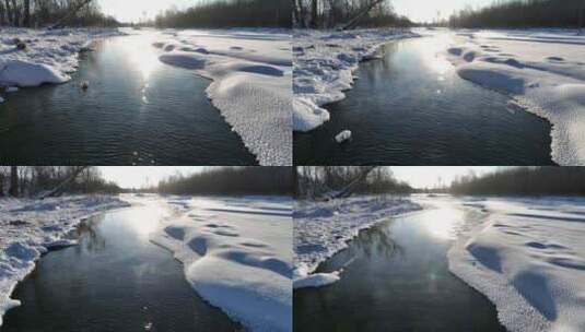 航拍大兴安岭不冻河根河雪景高清在线视频素材下载