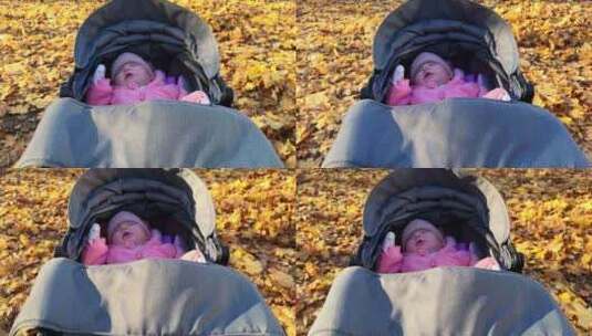 可爱的女婴睡在秋季公园的婴儿车里高清在线视频素材下载