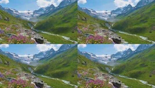 人间仙境新疆瑞士山谷溪流雪山美景高清在线视频素材下载
