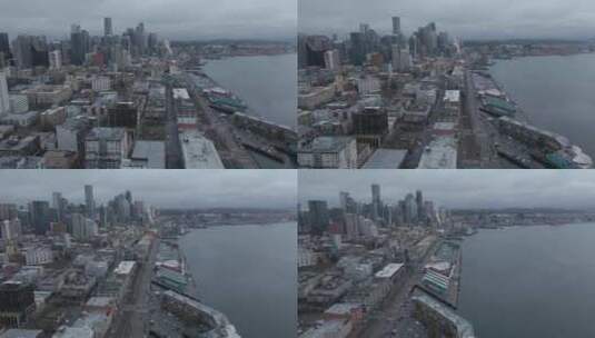 航拍西雅图码头和市中心天际线右平移。高清在线视频素材下载
