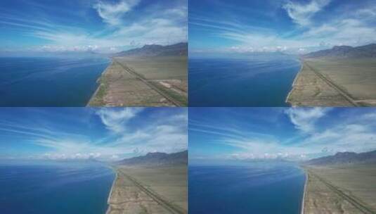 航拍新疆旅游赛里木湖蓝色湖景自然风光高清在线视频素材下载