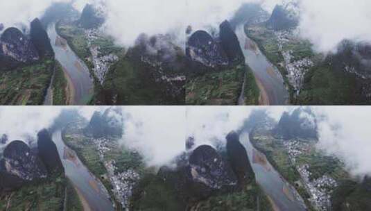 桂林山水烟雨漓江兴坪古镇航拍风光4K高清在线视频素材下载