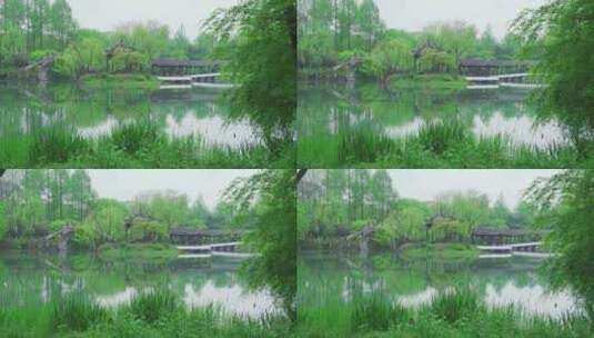 江南西湖浴鹄湾春天春雨中的亭台楼阁水榭高清在线视频素材下载