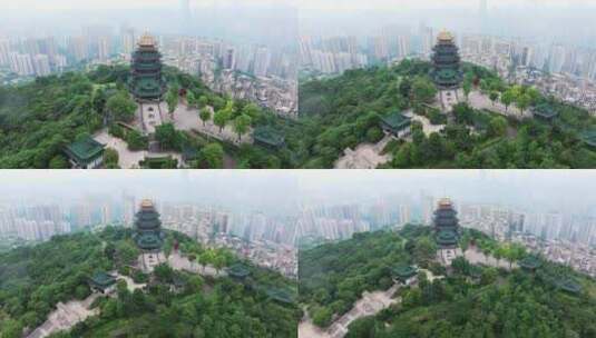 重庆鸿恩寺航拍鸿恩阁与嘉陵江两岸高楼大厦高清在线视频素材下载