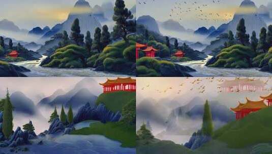 中式山水古建筑风景高清在线视频素材下载