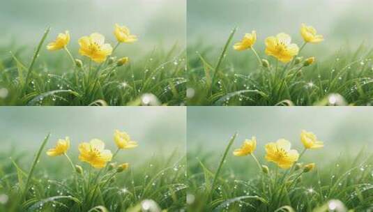 春天黄色小野花露珠清新微距特写镜头高清在线视频素材下载