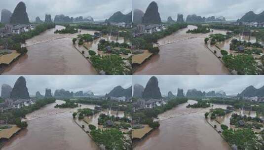 桂林夏季暴雨洪水航拍高清在线视频素材下载